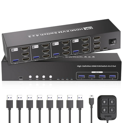 USB 3.0 HDMI KVM Switch 3 Monitors 4 Computers with 4 Port USB 3.0 Hub, 8K@60HZ 4K@120Hz 4 Port HDMI KVM Switch for 4 PCs Share 1 Set of Keyboard, Mouse and 3 Monitors