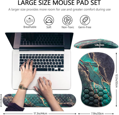 Mouse Pad Wrist Support, Laokiiy 2 in1 Keyboard Wrist Rest+ Ergonomic Mouse Pad, Non-Slip Wrist Rest for Computer Keyboard, Made Easy Typing & Relieve Wrist Pain（Green Gold Black Marble）