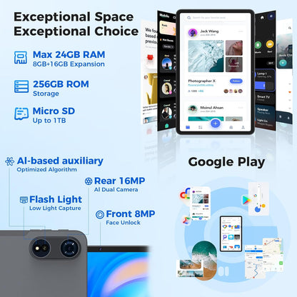 Tablet 12 inch Android 15 Tablets, 24GB（8+16）RAM+256 Storage(Expand to 1TB), Android Tablet with Keyboard, Octa-Core, 2K 2000x1200 Display, 16MP Dual Camera, 8000mAh, 5G WiFi,GPS,Bluetooth 5.0（Silver）