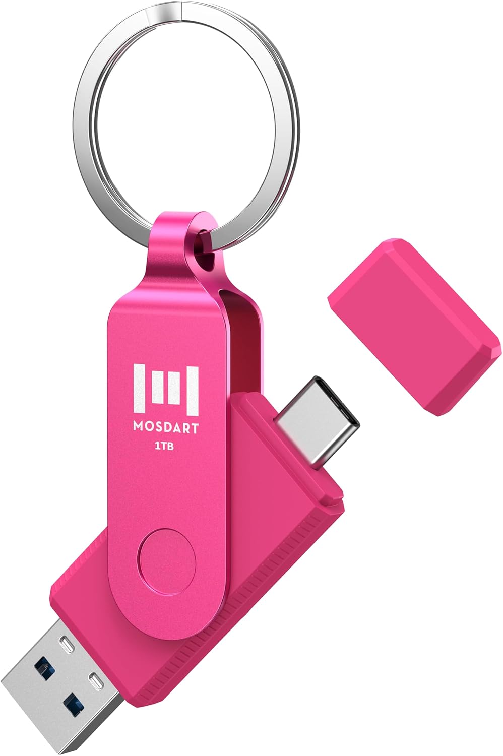MOSDART 1TB USB3.1 Fast Speed C and A Dual Flash Drive, exFAT Memory Stick with Keychain and LED Indicator, for iPhone 15 and 16, Android Phone, iPad, MacBook, and Other Laptops, Hot Pink