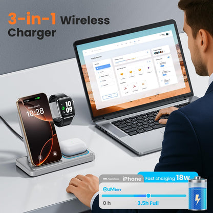 DUMTERR 3 in 1 Wireless Charger for iphone 16 15 14 13 12 11 XR 8, Apple Charging Station for Apple Watch 10/9/Ultra/8/7/SE/6/5/4 & AirPods Series, Wireless Charging Station for Multiple Devices Apple