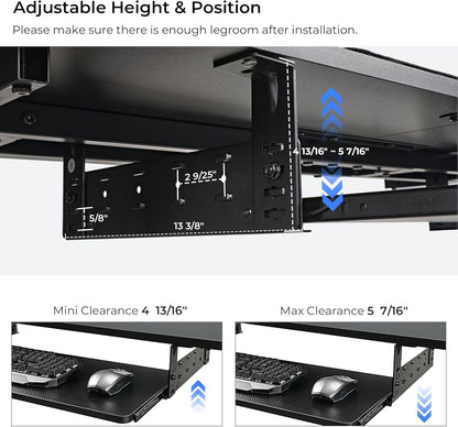 EUREKA ERGONOMIC Adjustable Keyboard Tray Under Desk, 28x11 Inch Large Slide Out Keyboard & Mouse Platform Tray, Wooden Pull Out Computer Keyboard Drawer for Typing Home Office Desk, Black