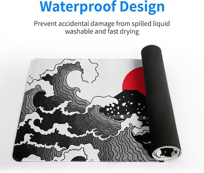 Japanese Red and Black Wave Gaming Mouse Pad Extended Large Mouse Mat Desk Pad Sea Texture Non-Slip Rubber Base Wave Mousepad Stitched Edges Keyboard Desk Pad for Office Home Game 31.5x11.8 Inch