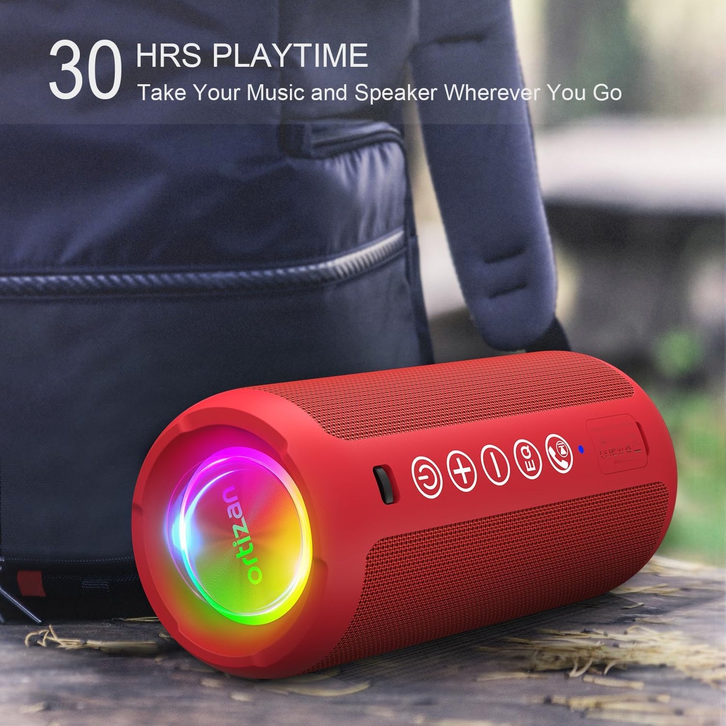 Ortizan Portable Bluetooth Speaker: IPX7 Waterproof, 24W Loud Sound, Deep Bass, Bluetooth 5.3, LED Lights, Wireless Stereo Pairing, 30H Playtime, for Home/Outdoor/Party/Beach, Birthday Gift (Red)