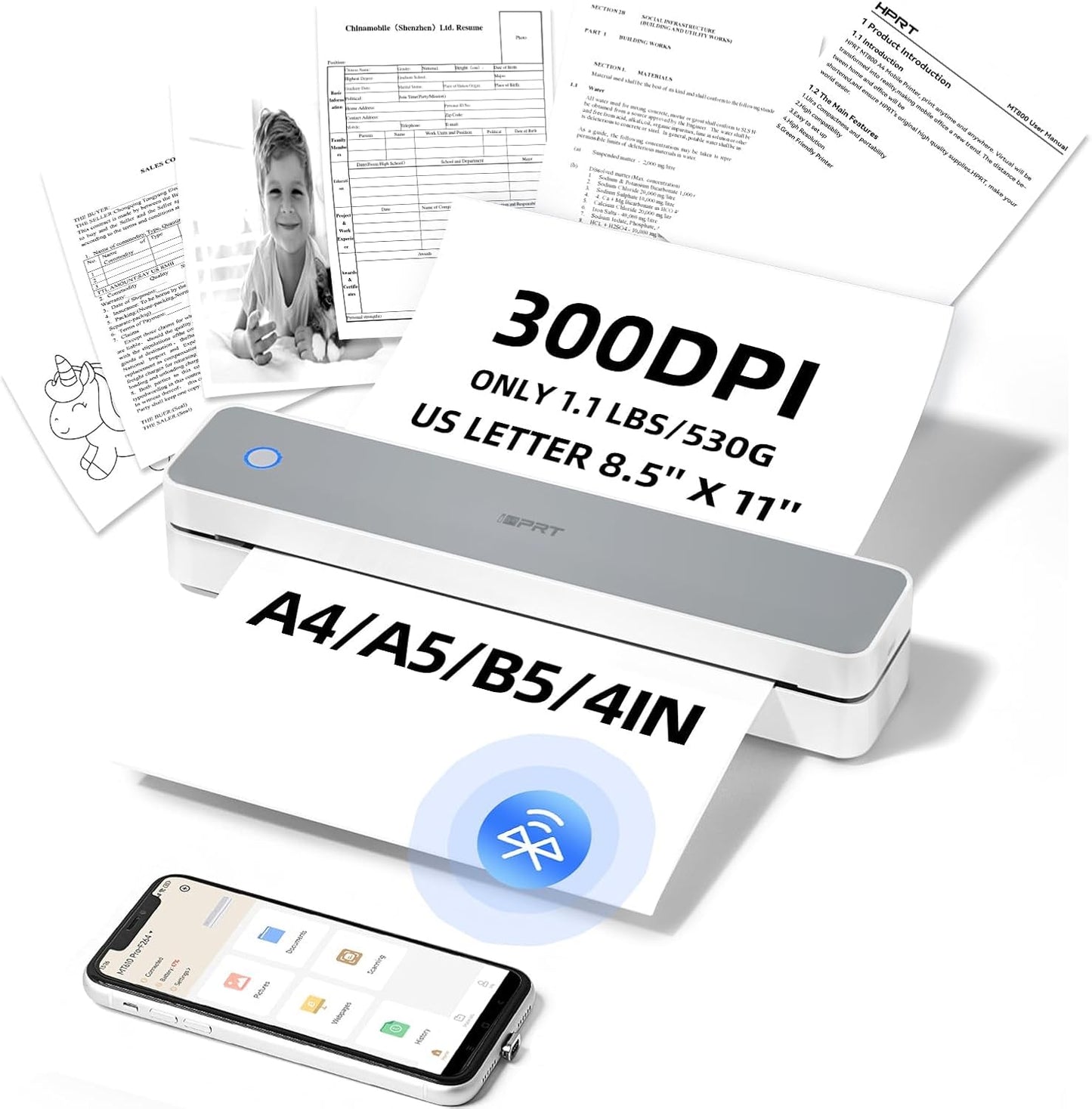 iDPRT Portable-Printer Wireless for Travel, 300DPI Inkless Thermal Small Printers for Home Use, Office, Vehicles, Mobile Bluetooth Printer Supports 8.5" x 11" US Letter, for Smartphone & PC,White