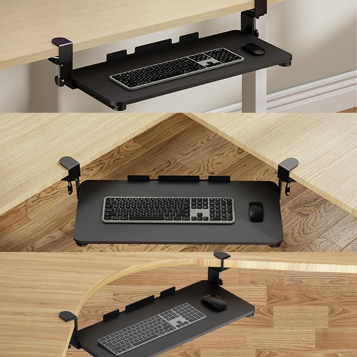 WALI Keyboard Tray Under Desk, Pull-Out Keyboard & Mouse Tray with 45° Adjustable C-Clamp, Ergonomic Platform Computer Drawer for L Shaped & Flat Desk 26.4" x 11.8" (KBT001-B), Black