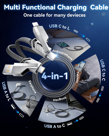 [One is Enough] 4-in-1 Compatible with USB C to Lightning Cable, 65W High-Speed Charging & Fast Data Transfer,CarPlay & Android Auto Support Multi Charger Cord Combo for iPhone/Samsung/iPad,5FT