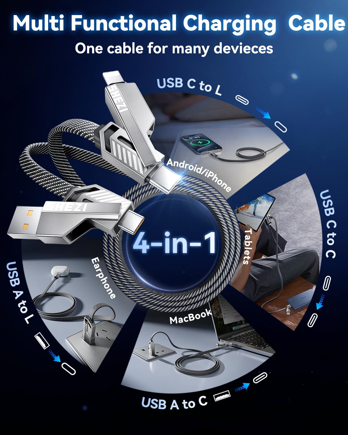 [One is Enough] 4-in-1 Compatible with USB C to Lightning Cable, 45W High-Speed Charging & Fast Data Transfer,CarPlay & Android Auto Support Multi Charger Cord Combo for iPhone/Samsung/iPad,5FT