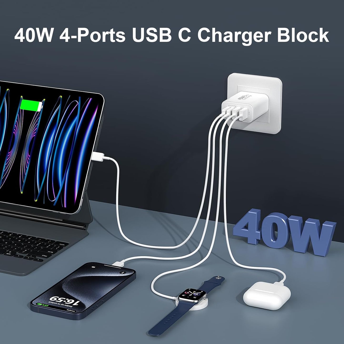 40W USB C Charger Block for iPhone 17/17 Pro/17 Pro Max/Air/16/16 Pro/16 Pro Max/16 Plus/15/15 Pro Max/14 13 12 11 Pro Max XS XR X, 4-Port PD+QC Multiport Power Adapter Type C Fast Charging Brick Cube