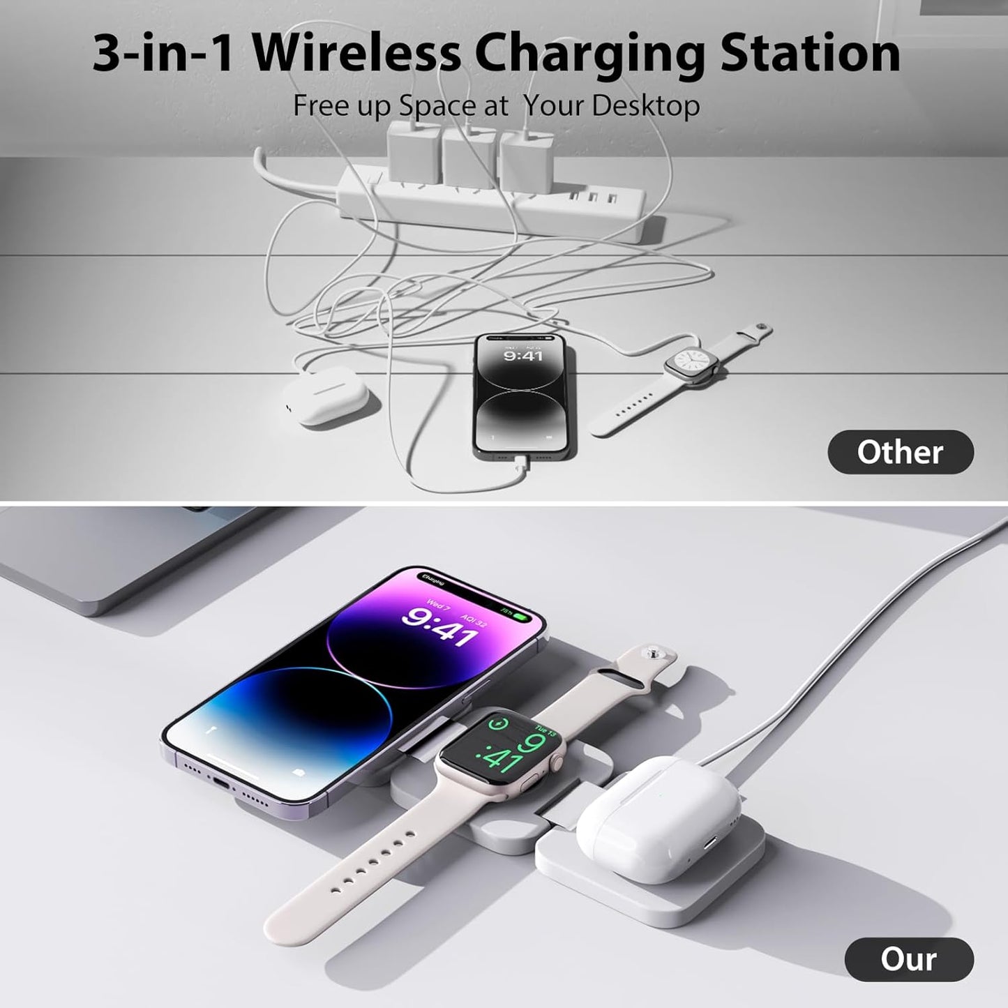 Fast Wireless Charger, Magnetic Foldable 3 in 1 Charging Station for iPhone 16/15/14/13/12/Pro/Plus/Pro Max, 5W Portable Charger for Apple Watch9/8/7/6/5/4/3/SE, for Airpods3/2/Pro-White