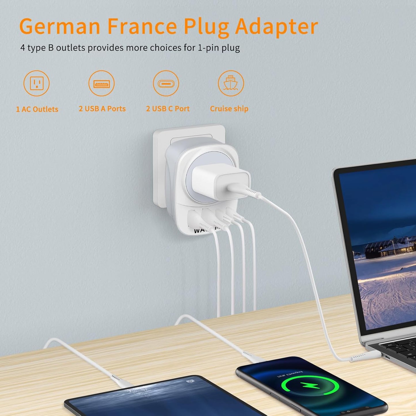 2 Pack Italy Travel Power Adapter, Italy Travel Plug Adapter with 2 USB and 2 USBC Ports, L-Shaped 3-Pin Ground Plug for USA to Italy Uruguay Chile Rome