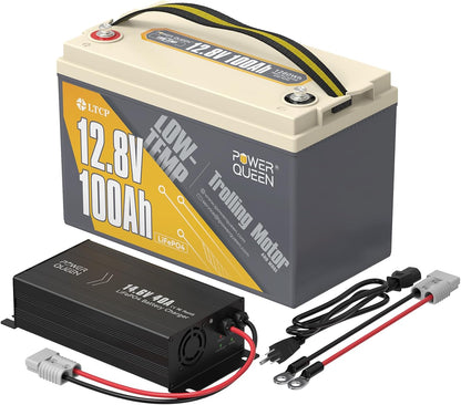 Power Queen 12.8V 100Ah Low-Temp LiFePO4 Battery with 12V40A Charger, Low Temperature Protection, Built-in 100A BMS, Grade A Battery Cell, Up to 15000+ Cycles, Perfect for Trolling Motor, Marine, RV