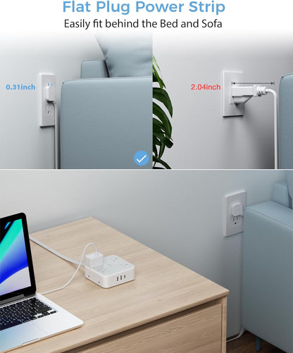TESSAN Power Strip Surge Protector 10 Ft Cord, 8 AC Outlets, 3 USB Charger(1 USB C Port), Ultra Thin Extension Cord, Flat Plug, 900 Joules Protection, Desk Charging Station for Home, Office