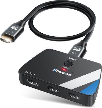 NEWCARE 4K@120Hz HDMI Switch 3 in 1 Out, HDMI 2.1 Splitter 8K@60Hz with 2.6 ft HDMI 2.1 Cable, HDMI Switcher Support 48Gbps, HDR10+, VRR, Dolby, HDCP 2.3, Compatible with PS5/PS4 Xbox TV Projector
