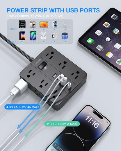 Power Strip Surge Protector, Flat Extension Cord Indoor 20 Feet, HUNIAN 12 Widely Spaced Outlets with 6 USB Charger (2 USB C Ports), Desk Charging Station for Home Office Supplies, Dorm Room, Black