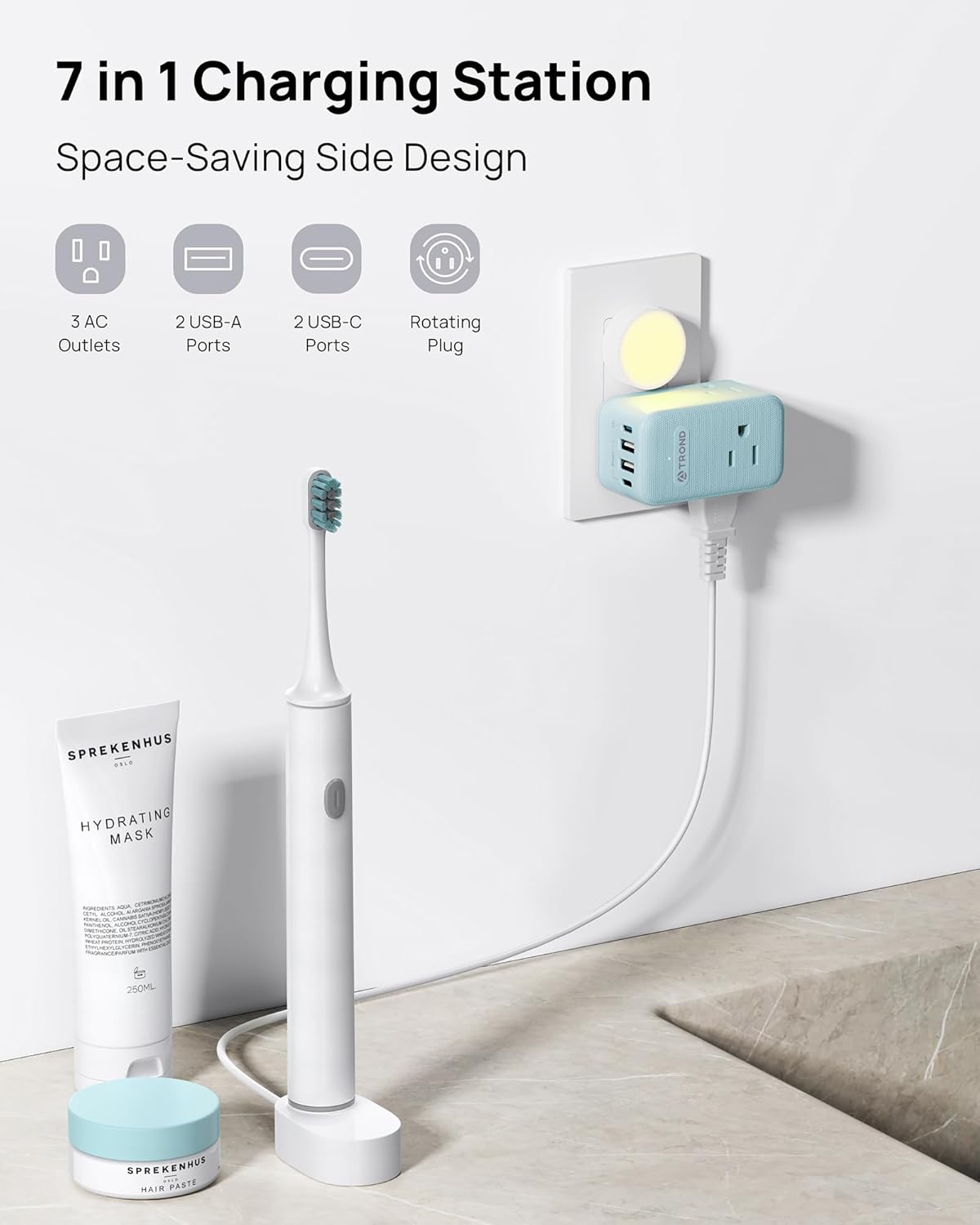 TROND Outlet Extender with USB, Multi Plug Wall Outlet with 3 AC Chargers, 360 Rotating Plug Adapter with PD 20W USB C Port, Cute Colorful Power Extension for Home Decoration, Travel Essentials