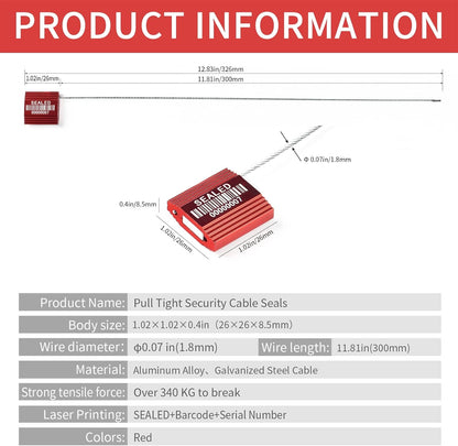 100 Red Steel Cable Seals With Barcode - High Security Numbered Truck Anti-Tamper Pull Tite Tags - Metal Container Shipping Self-Locking Safety Ties ISO 17712