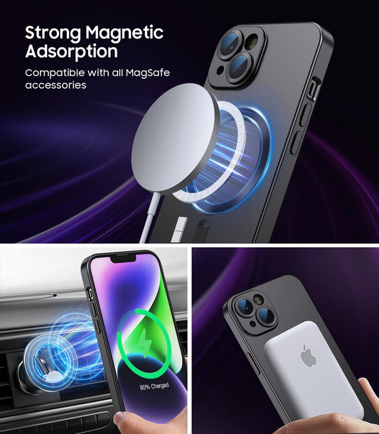 Magnetic for iPhone 15 Case [Compatible with MagSafe][Built-in Camera Lens Protector] Slim Soft Silicone Bumper Shockproof Metallic Shine Phone Case (Black)