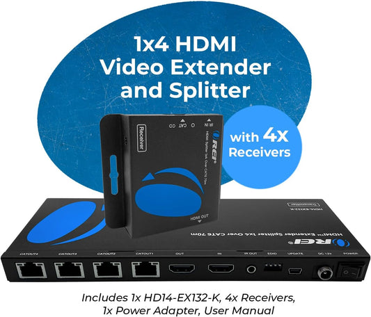 OREI 1x4 HDMI Extender Splitter Multiple Over Single Cable CAT6/7 1080P with IR Remote EDID Management - Up to 165 Ft - Loop Out - Low Latency - Full Support