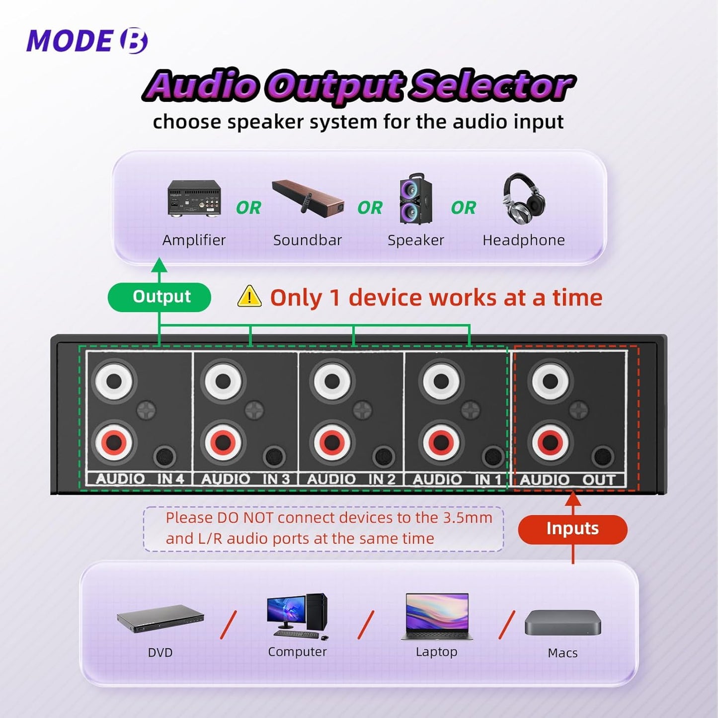 3.5mm Aux + RCA L/R Audio Switch Box 4 in 1 Out Bidirectional, BolAAzuL Stereo Audio Switcher Selector 4X1 Passive a/b Analog Audio Selector No Power Need