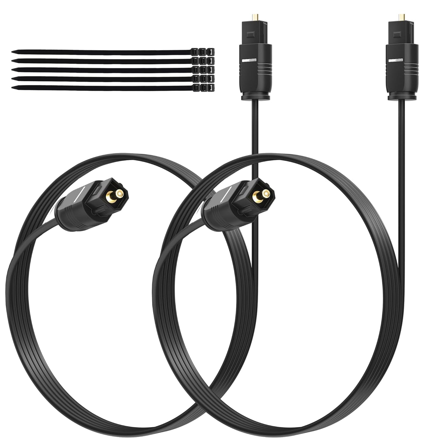 Adoreen Ultra-Thin Slim Digital Optical Audio Cable 10 FT/2 Pack, Fiber Optic Toslink SPDIF Cord Gold-Plated High-Speed Flexible & Durable for TV Soundbar Home Theater Game Console PS4 Xbox +Ties