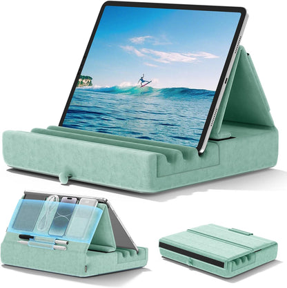 KDD Tablet Pillow Holder, Foldable iPad Stand for Lap, Bed and Desk -Tablet Soft Pad Dock with Pocket & Stylus Mount Compatible with iPad Pro 12.9, 10.5, 9.7 Air Mini 6 5 4 3, E-Reader
