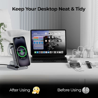 【2025 Upgraded】 Wireless Charger 3 in 1, Foldable Wireless Charging Station, Travel Magnetic Charger Stand, Nightstand 15W Charging Station for iPhone 16 Samsung S25 Samsung Watch TWS Earphone