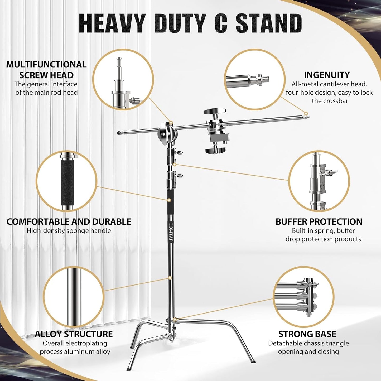 LOMTAP C Stand Light Stand Stainless Metal Photography Kit - Heavy Duty 6.8ft/210cm Vertical Pole, 2.8ft/87cm Boom Arm, Adjustable Base, Water Sandbag, 2 Grip Heads, 3 Clips for Softbox, Reflector
