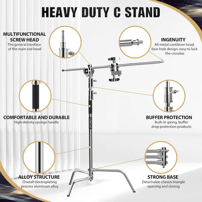 LOMTAP C Stand Light Stand Stainless Metal Photography Kit - Heavy Duty 10.8ft/330cm Vertical Pole, 4.2ft/128cm Boom Arm, Adjustable Base, Water Sandbag, 2 Grip Heads, 3 Clips for Softbox, Reflector