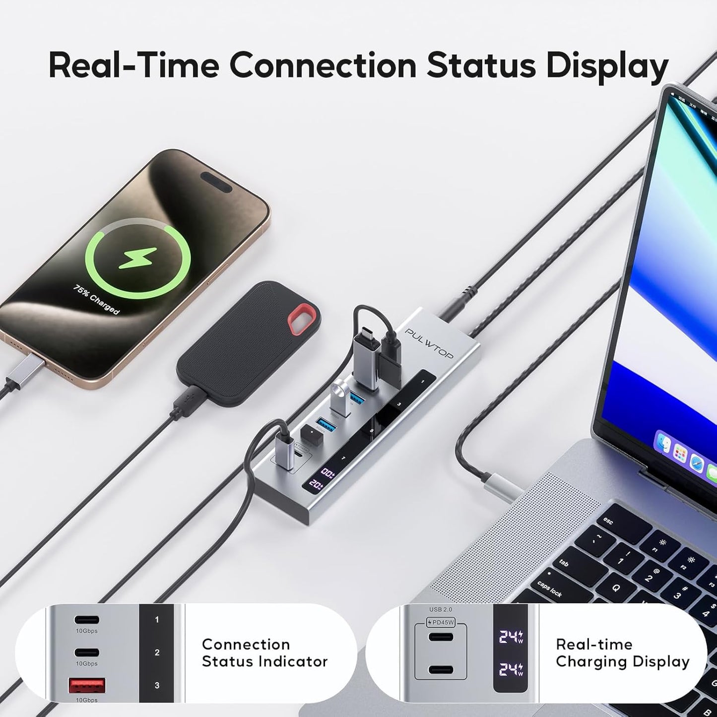 Powered USB C Hub, 10-in-1 USB 3.2 Data Hub with 3 x USB A/C 10Gbps, 3 x USBA 5Gbps, USB A 2.0, 100W PD-in, 2 x 24/45W Type-C Charging Ports (72W Adapter Included)