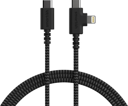 Smartish 2 in 1 USB C to USB C/Lightning Cable - Crown Joule - 6 Ft Fabric Wrapped Fast Charging Cord - for iPhone, Galaxy, Pixel - 100W Dual Fast Charger for Phones/Laptops - No. 2 Pencil Gray