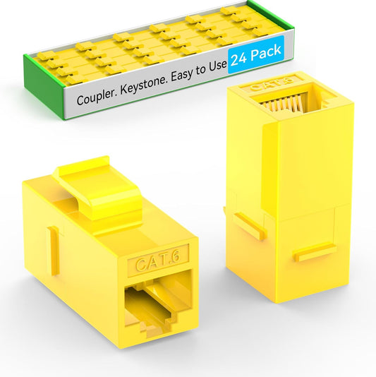 CAT6 RJ45 Keystone Coupler (24 Pack), Cat6 Keystone Jack Female to Female, Cat 6 Inline Keystone Jacks for Wall Plate & Patch Panel, RJ45 Ethernet Coupler Yellow