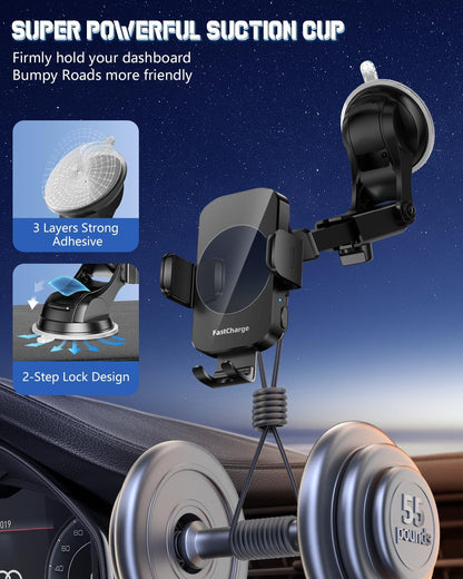 Wireless Car Charger, Fast Charging Phone Holder 3 in 1 Phone Mount Auto Clamping Car Accessories Compatible with iPhone 16 15 14 13 12 11 Xs XR, Samsung S23 Ultra S22 S21 S20/S10+ S9(Midnight Black)