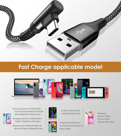 sweguard USB Type C Charger Cable Right Angle [2-Pack,3.3FT] iPhone 16 Charger Nylon Braided Cord for iPhone 15 16 Pro Max Samsung Galaxy S25 S24 S23 S22 S21 S20 S10 S9 Note A15 A55 Flip Pixel LG Moto
