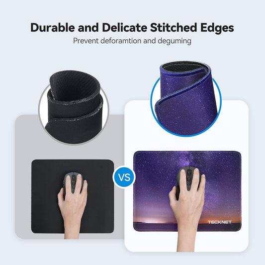 TECKNET Mouse Pad with Anti-fray Stitching, Waterproof Surface & Non-Slip Rubber Base with Stitched Edges Gaming Mouse Mat for Laptop，Compatible with Laser and Optical Mice- Dark Purple Galaxy