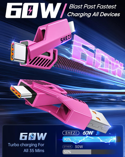 SHEZI [Upgraded 2.0] 4-in-1 USB C Cable 60W 10FT Fast Charging [480Mbps Data Sync] Flat Nylon Braided Charger Cord Combo, USB A/C to C/L Multi Charge Cable for iPhone/iPad & Most Devices, Pink