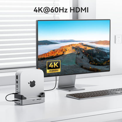 ANYOYO Mac mini M4 Dock and Stand, 10-in-1 Aluminum USB-C Hub with M.2 NVMe SSD Enclosure, 4K 60Hz Dual HDMI, 10 Gbps USB-C/A, 30W PD-in, Smart Fan Cooling, Wi-Fi Signal Friendly Design, Silver