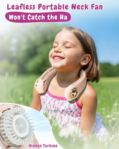 Neck Fan for Kids,Bladeless Portable Fan Rechargeable for 4-14Y Girls & Boys, 2400mAh USB Personal Cooling Mini Fan Rechargeable for Travel/Disney/Camping, 3 Speeds, Summer Essentials(Beige)