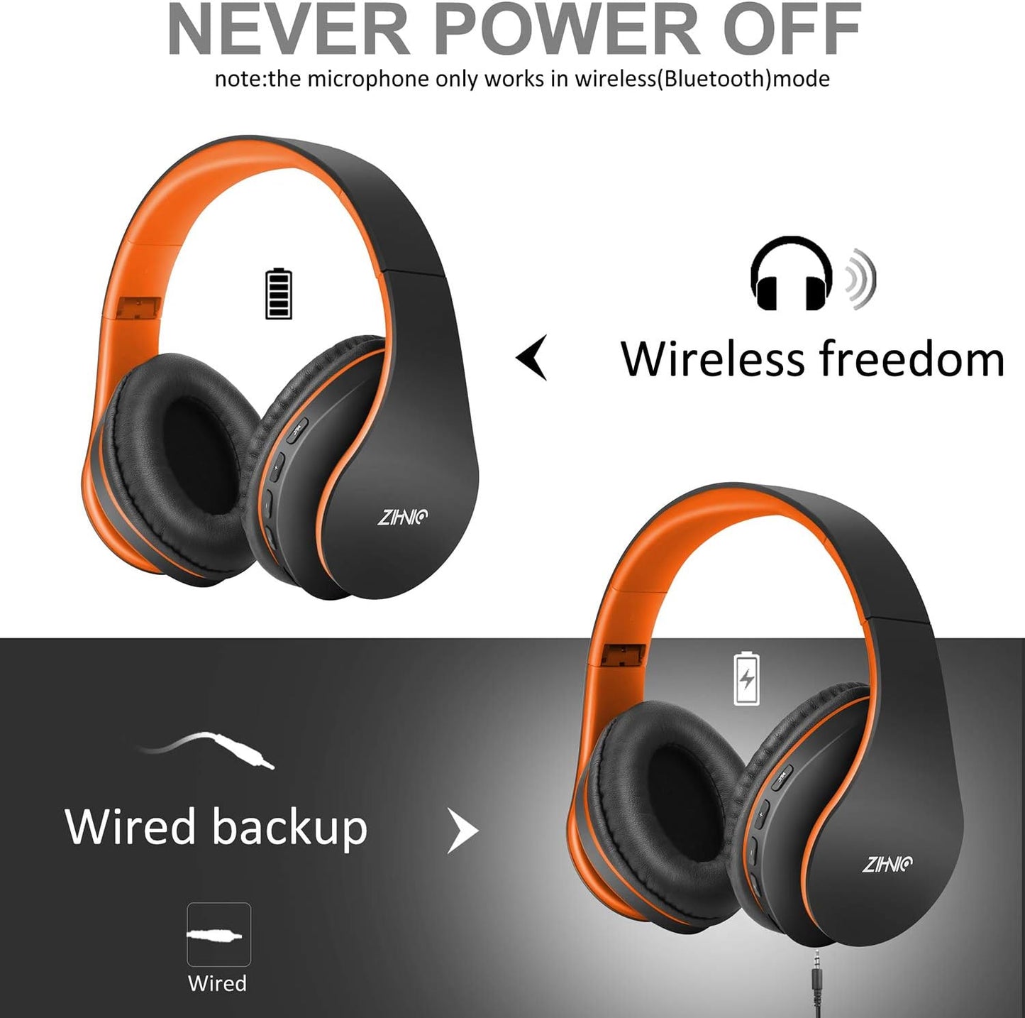 ZIHNIC Bluetooth Headphones Over-Ear, Foldable Wireless and Wired Stereo Headset Micro SD/TF, FM for Cell Phone,PC,Soft Earmuffs &Light Weight for Prolonged Wearing(Black/Orange)