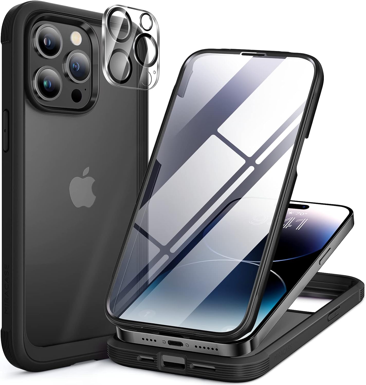 Miracase Glass Series Designed for iPhone 14 Pro Max Case 6.7 Inch, Upgrade Full-Body Bumper Case with Built-in 9H Tempered Glass Screen Protector, with Camera Lens Protector, Matte Black