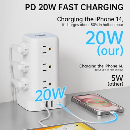 PD20W Power Strip Tower Surge Protector,16.5FT Extension Cord,Power Strip with USB 12 Outlets with 4 USB Ports (1 USB C), Flat Plug Multi Plug Outlet Extender Overload Protection for Home Office