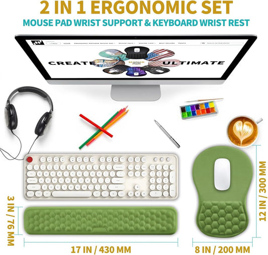 Hokafenle 2 in 1 Ergonomic Mouse Pad Wrist Support & Wrist Rest for Computer Keyboard Set, with Relieve Carpal Tunnel Pain Massage Bulge and Full Memory Gel Design (2In1 Set, Grass Green)