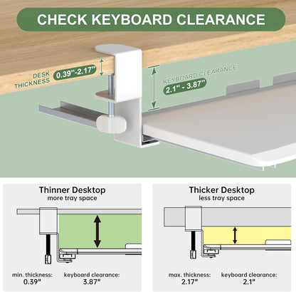 Extra Large Keyboard Tray Under Desk - Slide Out with Sturdy C-Clip Mount System, 31.5" (35.8" Including Clamps) x 11.8" Put-Out Keyboard Tray Computer Drawer for Ergonomic Typing, White