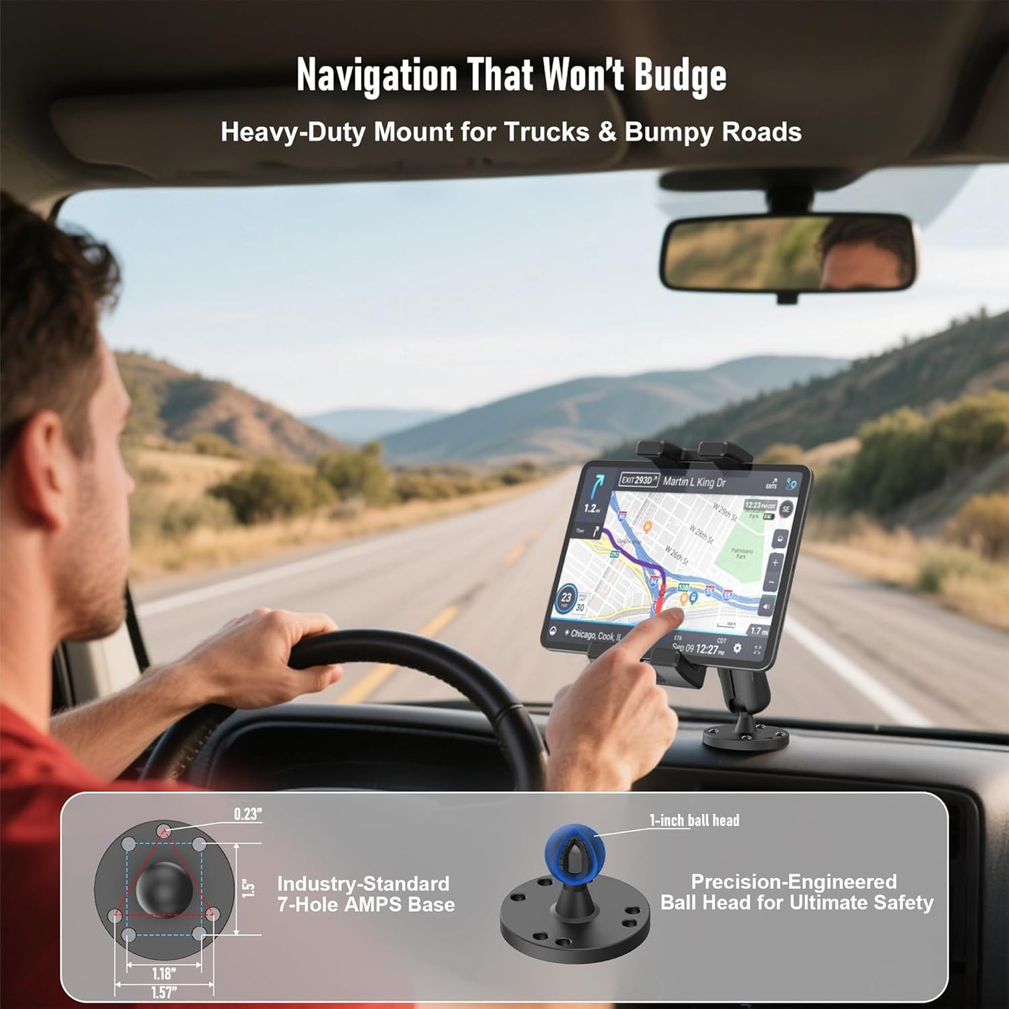 Industrial Tablet Mount for Truck&Vehicle, Heavy Duty Drill Base iPad Mount Holder for Car, Adjustable Aluminum Arm, Compatible w/ 4.7"-12.9" Devices, Perfect for Dashboard, Boats, Walls–Black