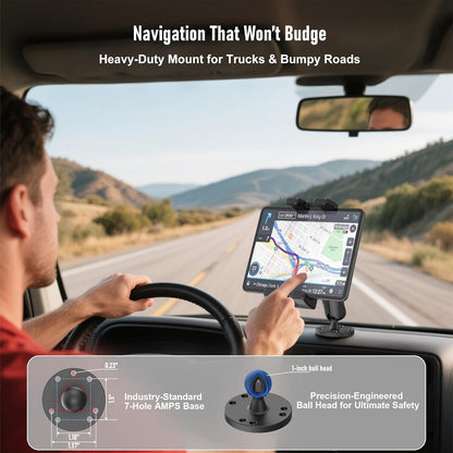 Industrial Tablet Mount for Truck&Vehicle, Heavy Duty Drill Base iPad Mount Holder for Car, Adjustable Aluminum Arm, Compatible w/ 4.7"-12.9" Devices, Perfect for Dashboard, Boats, Walls–Black