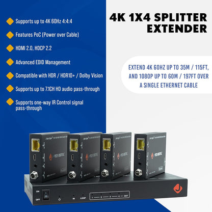 J-Tech Digital HDMI 2.0 4K 1x4 Splitter Extender Over Single Cable CAT6 with PoC Up to 196 FT 1-in 4-Out w/Local Loop Output & Low Latency [JTECH-14EX50]
