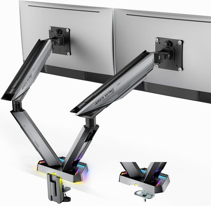 ARES WING RGB Dual Monitor Arm for 17-38" Ultrawide Screens, Holds 35.2lbs, Heavy Duty Dual Monitor Stand for Desk, Adjustable Double Mount with Clamp & Grommet Base, 75/100 VESA Mount, Gray