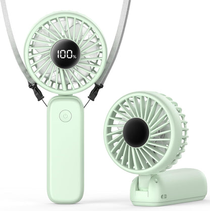 PANERGY Portable Handheld Fan, 5000mAh Rechargeable, 14H Max Cooling Time, 4 Gear Wind & LED Display, 90° Foldable Design, 3-IN-1 Mini Fan for Travel Working Concerts Makeup - Green