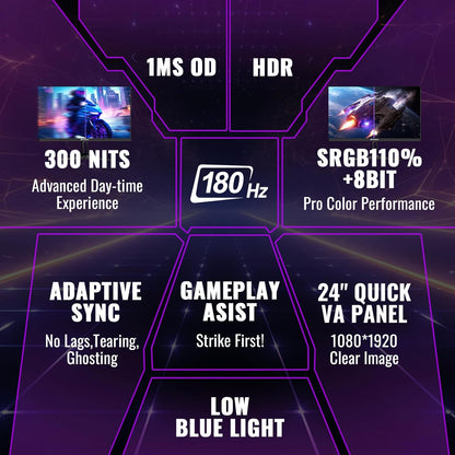 SANSUI 24 Inch Gaming Monitor 180Hz, Computer Monitor with Speakers 1*DP 2*HDMI Ports, FHD 1080P 110% sRGB VESA Support Eye Cares (One HDMI Cable Included ES-G24F4S)