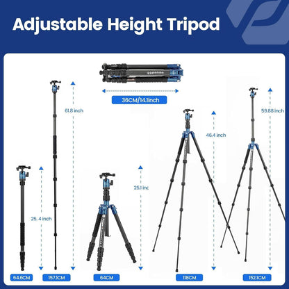Fotopro 59" Carbon Fiber Travel Tripod, Compact Camera Tripod with Ball Head, Detachable Monopod with Quick Release Plate and Bag, Load up to 8KG/17.63lbs, Blue